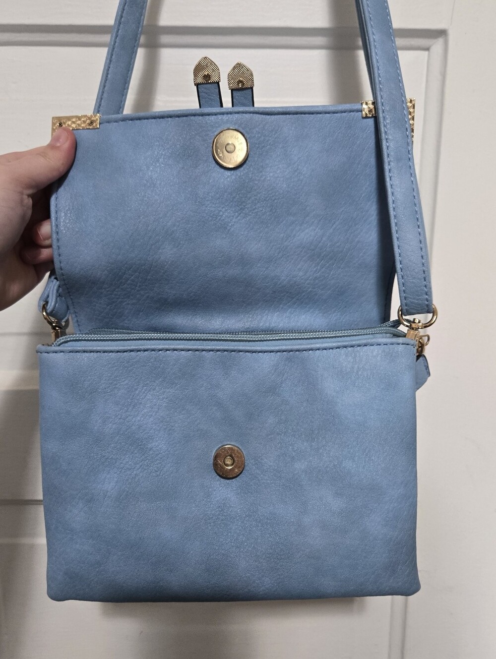 Light Blue Crossbody Bag with Polished Corner Accents And Vegan Leather - Picture 6 of 8